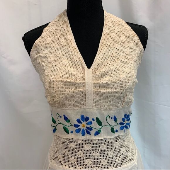 Vintage ‘70s Embroidered Gauze Pixie Hem Floral Crochet Halter Mexican Dress - Picture 3 of 14